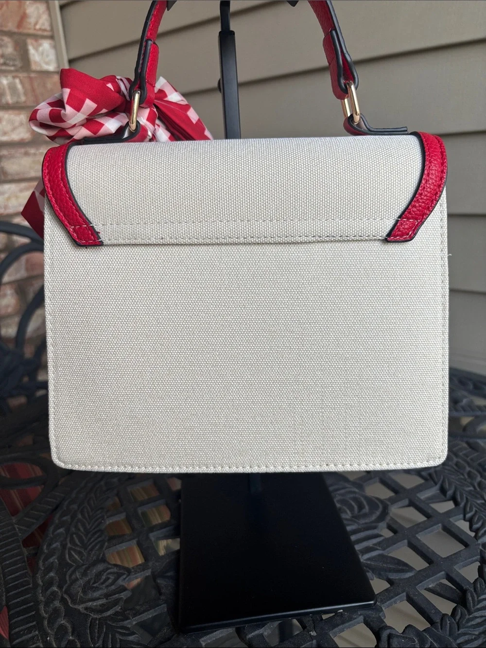 ALDO Red & Cream Fruit Embroidered Top-Handle Satchel Bag with Gingham Scarf/Bow